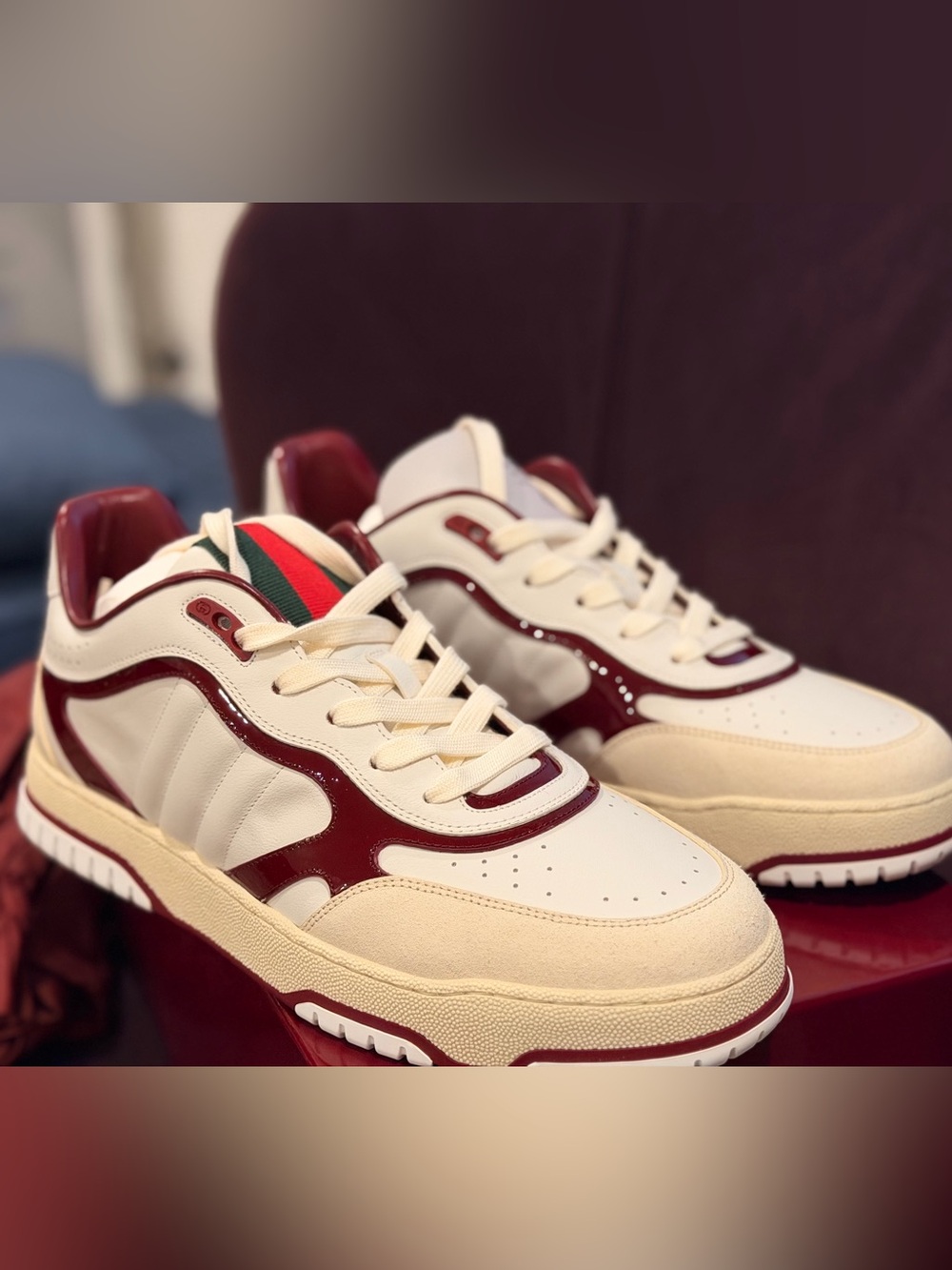 Authentic NWT Gucci Cream & Burgundy Leather Low-Top Sneakers with Green-Red Web